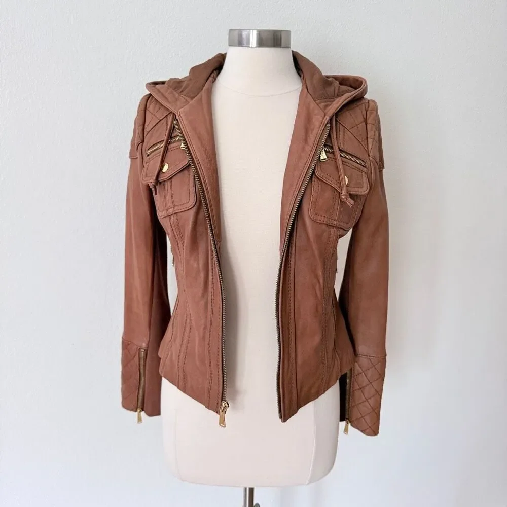 Michael Michael Kors Women's Size Small Quilted Moto Jacket Brown Soft Leather